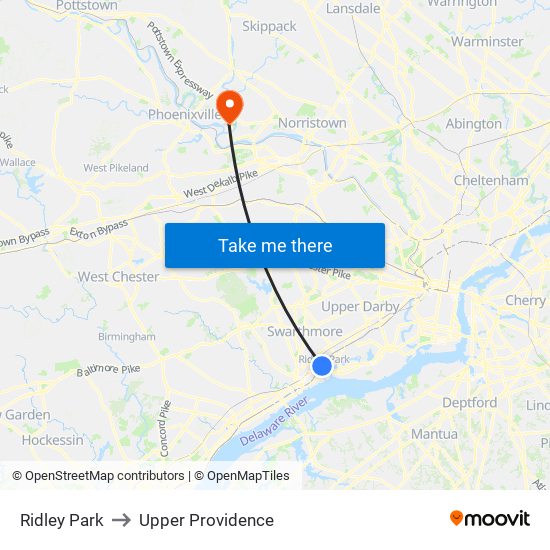Ridley Park to Upper Providence map