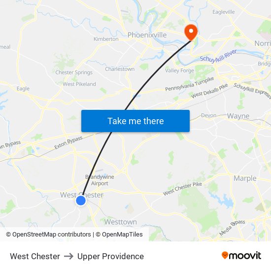 West Chester to Upper Providence map