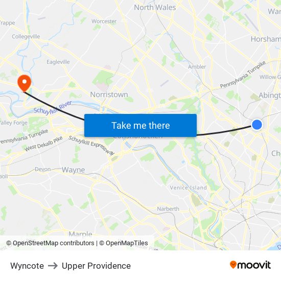 Wyncote to Upper Providence map