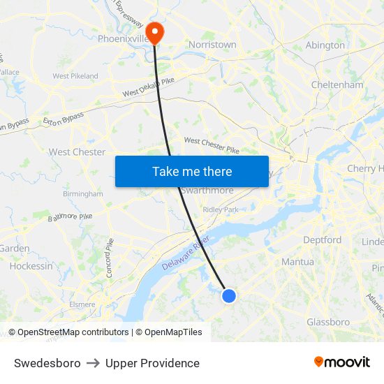 Swedesboro to Upper Providence map
