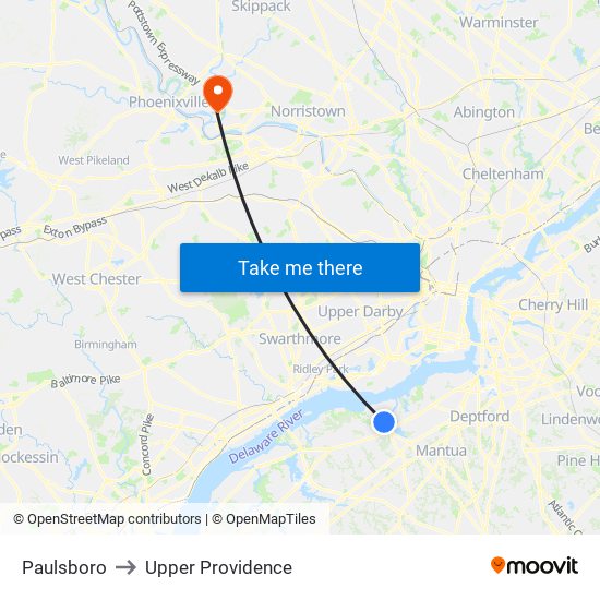 Paulsboro to Upper Providence map