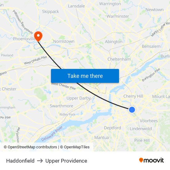 Haddonfield to Upper Providence map