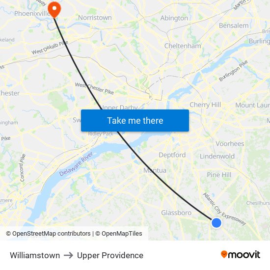 Williamstown to Upper Providence map