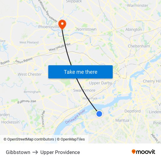 Gibbstown to Upper Providence map