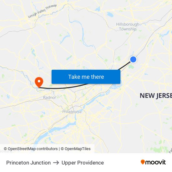 Princeton Junction to Upper Providence map