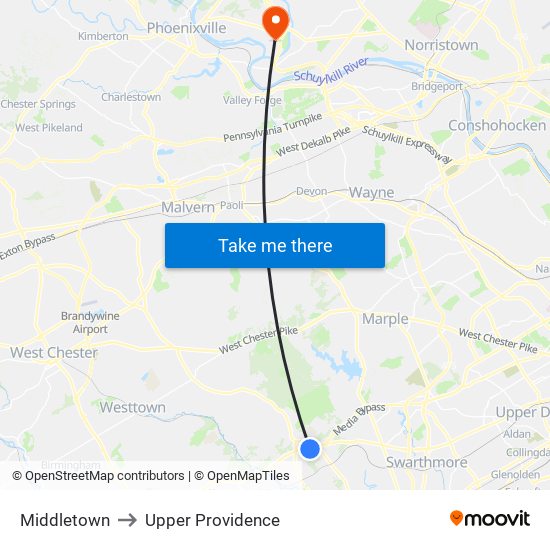 Middletown to Upper Providence map