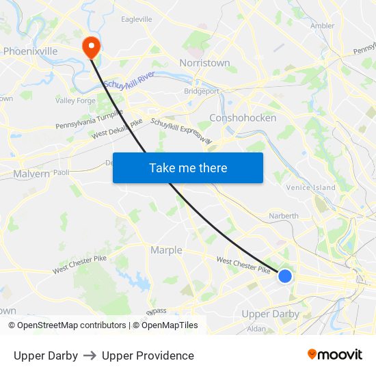 Upper Darby to Upper Providence map