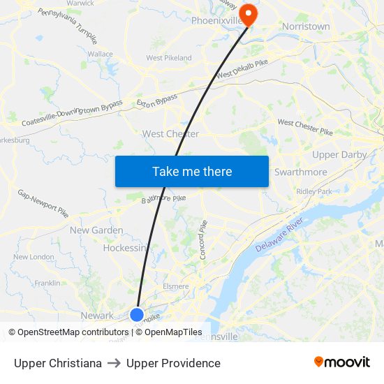 Upper Christiana to Upper Providence map