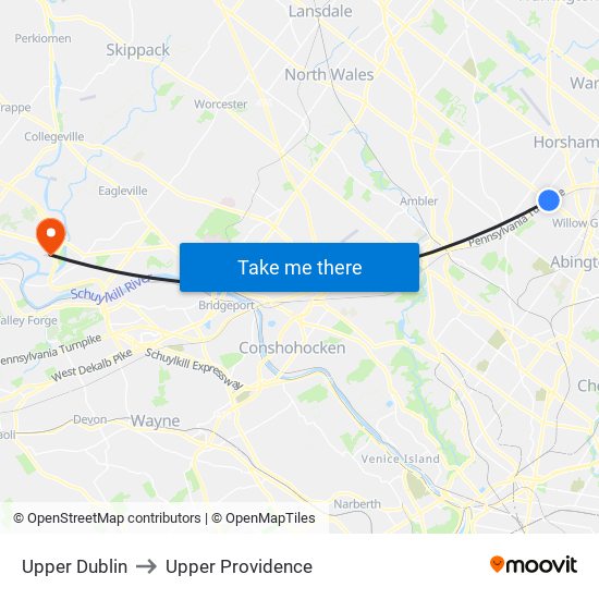 Upper Dublin to Upper Providence map