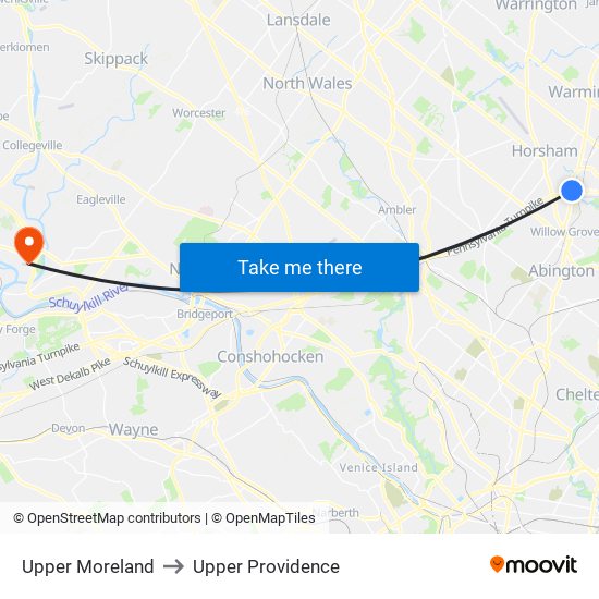 Upper Moreland to Upper Providence map