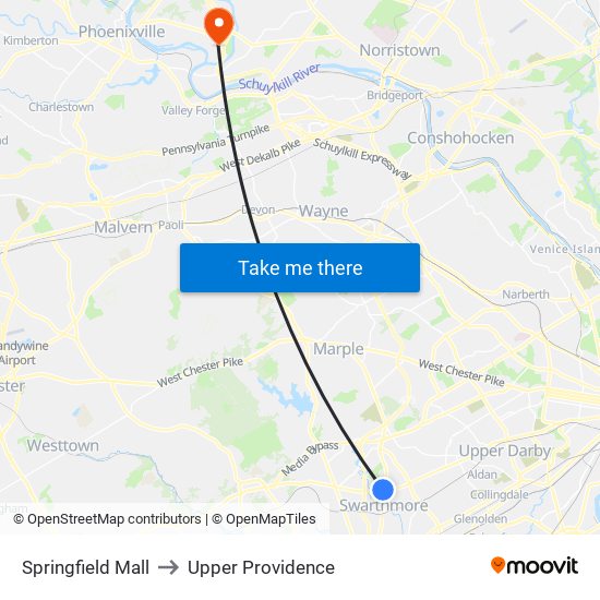 Springfield Mall to Upper Providence map