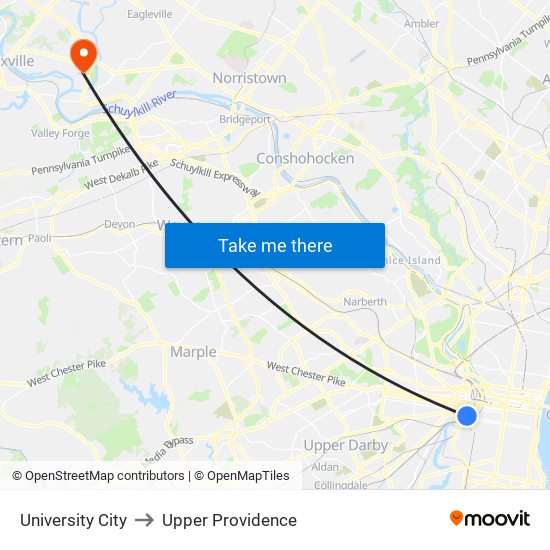 University City to Upper Providence map