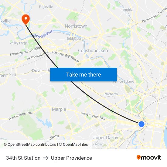 34th St Station to Upper Providence map