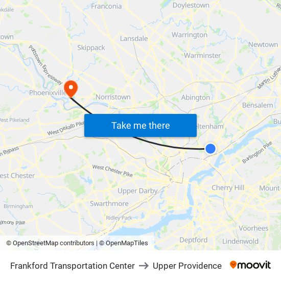 Frankford Transportation Center to Upper Providence map