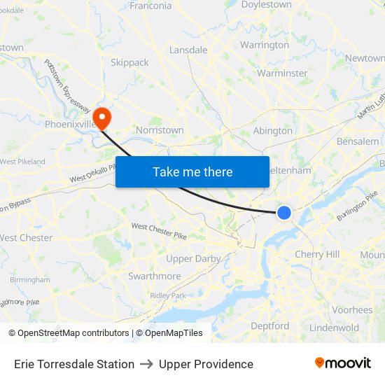 Erie Torresdale Station to Upper Providence map
