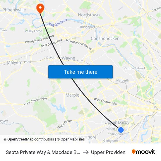 Septa Private Way & Macdade Blvd to Upper Providence map