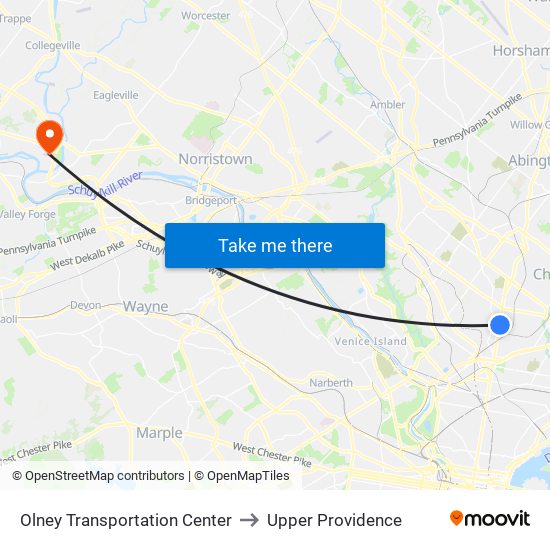 Olney Transportation Center to Upper Providence map