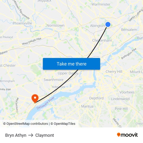 Bryn Athyn to Claymont map