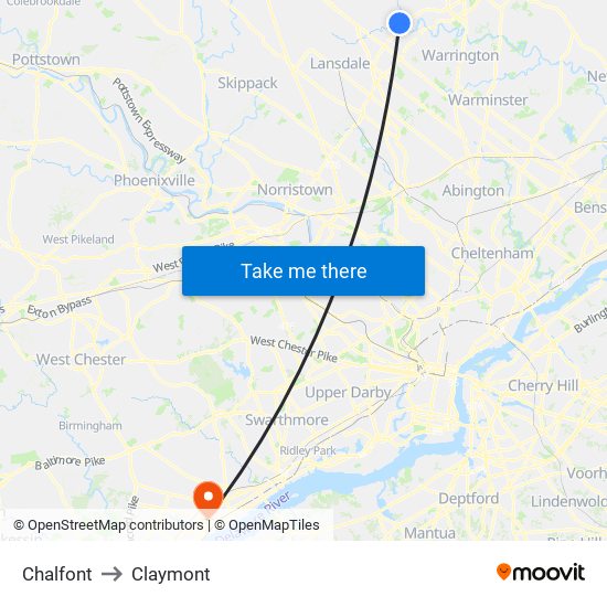 Chalfont to Claymont map