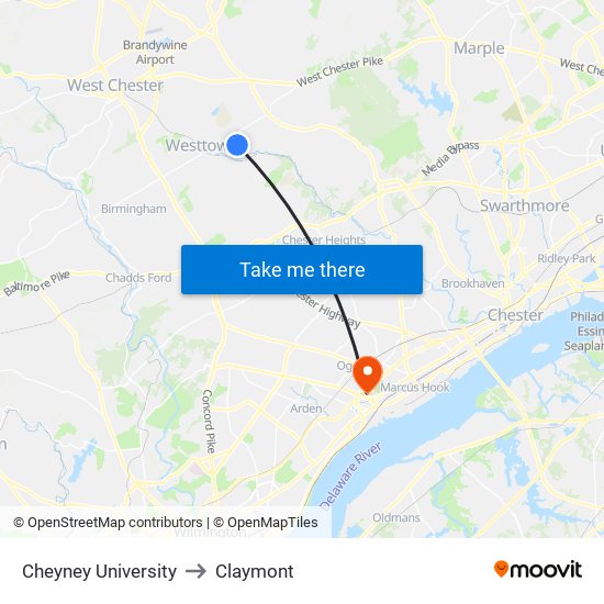 Cheyney University to Claymont map