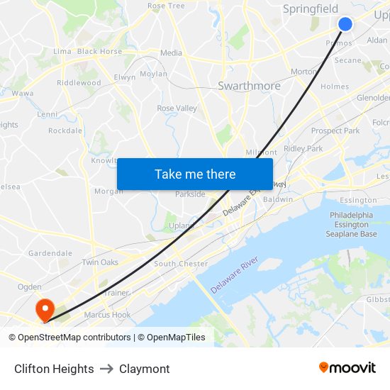 Clifton Heights to Claymont map