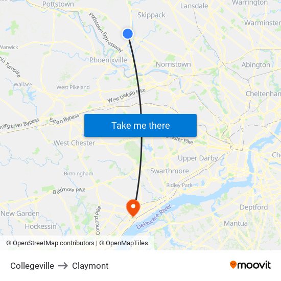Collegeville to Claymont map