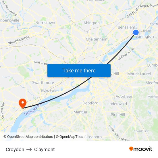 Croydon to Claymont map