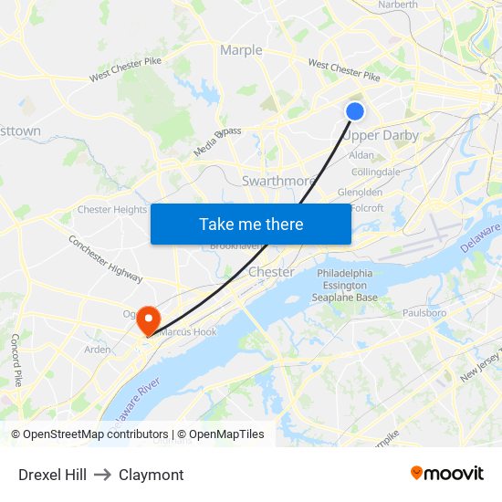 Drexel Hill to Claymont map