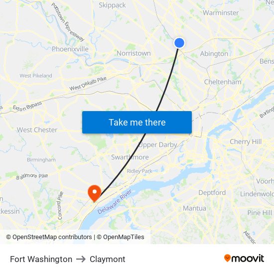 Fort Washington to Claymont map
