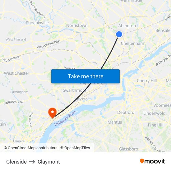 Glenside to Claymont map