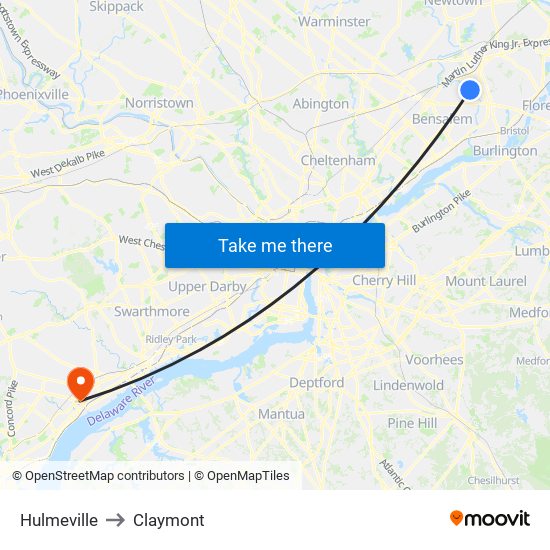 Hulmeville to Claymont map