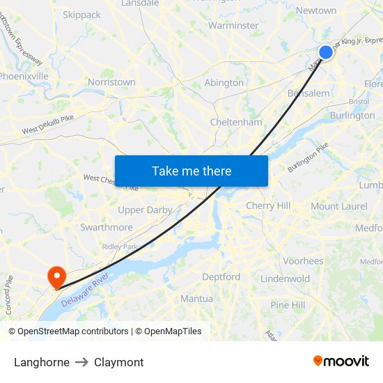 Langhorne to Claymont map