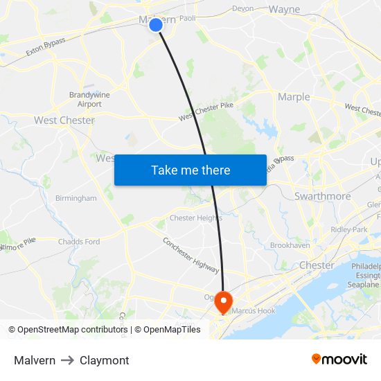 Malvern to Claymont map