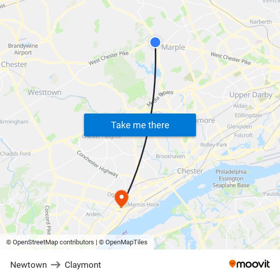 Newtown to Claymont map