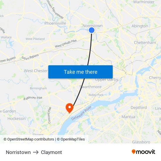Norristown to Claymont map