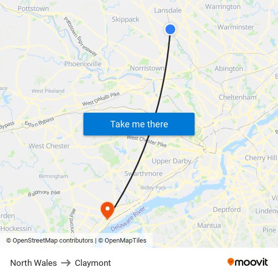 North Wales to Claymont map