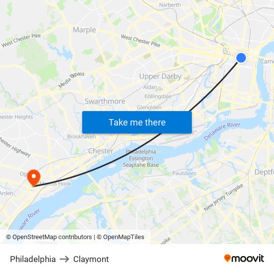 Philadelphia to Claymont map