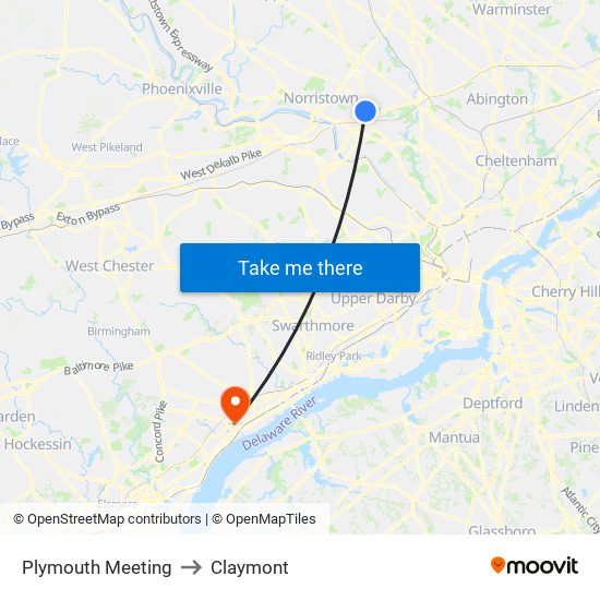 Plymouth Meeting to Claymont map