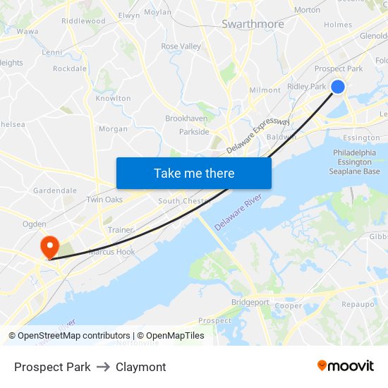 Prospect Park to Claymont map