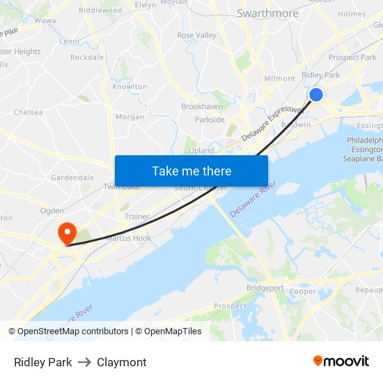 Ridley Park to Claymont map