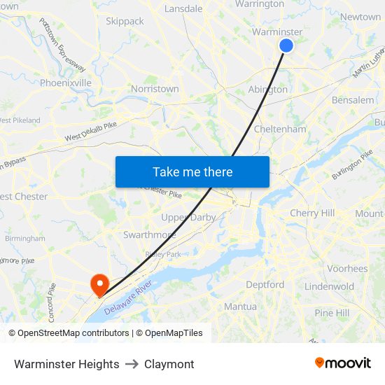 Warminster Heights to Claymont map