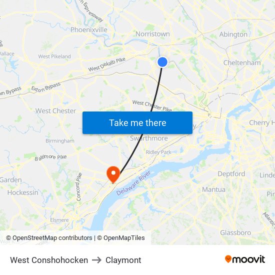 West Conshohocken to Claymont map