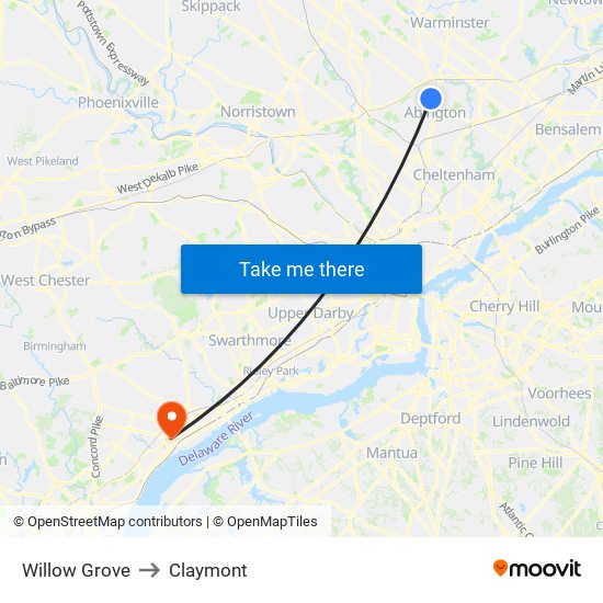 Willow Grove to Claymont map