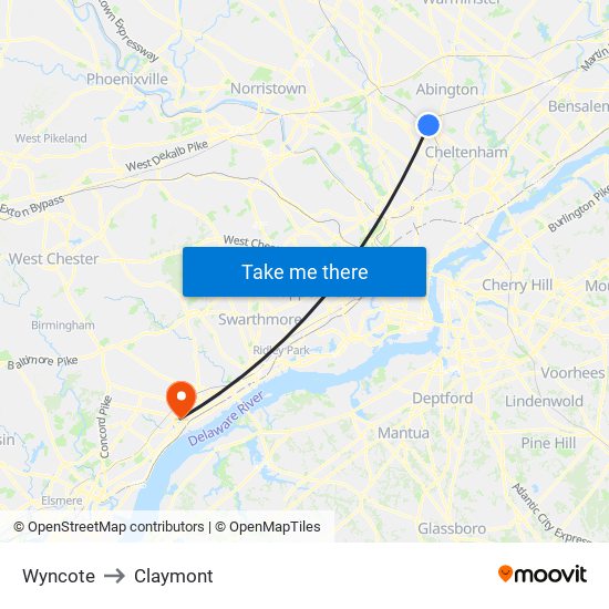 Wyncote to Claymont map