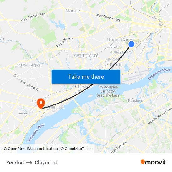 Yeadon to Claymont map