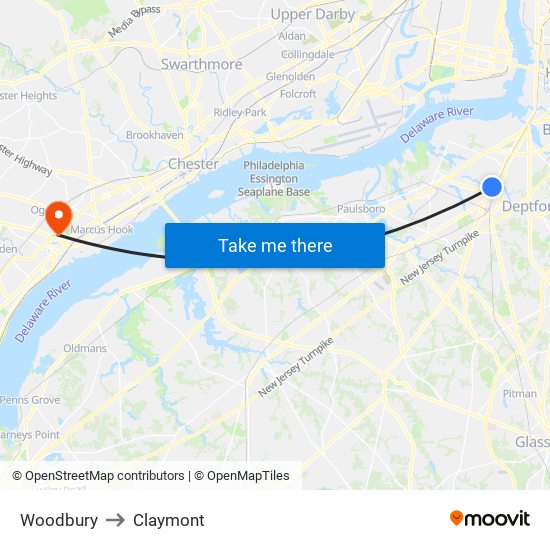 Woodbury to Claymont map