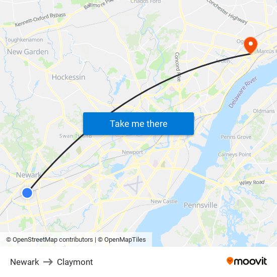 Newark to Claymont map