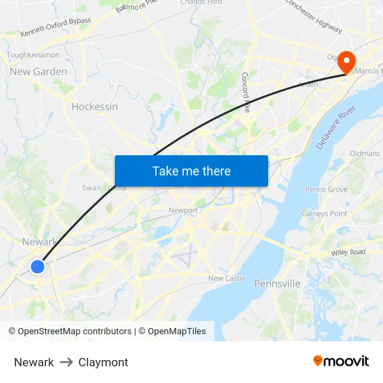 Newark to Claymont map