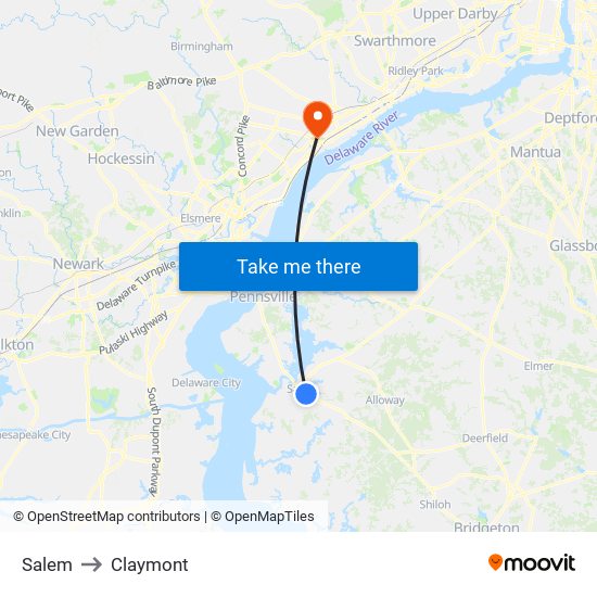 Salem to Claymont map