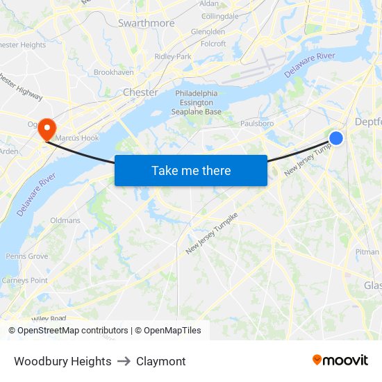 Woodbury Heights to Claymont map